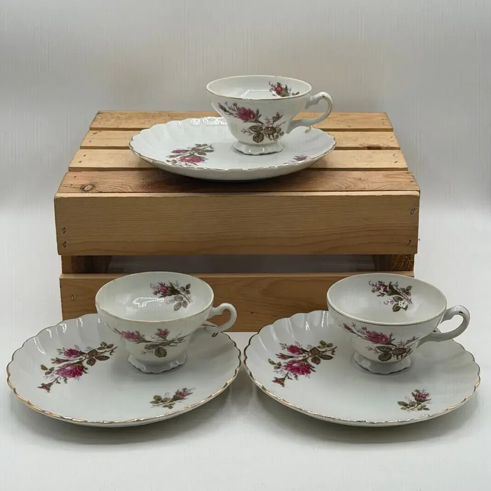 Vintage Pink Rose Fine Porcelain Teacup and Saucer Set –Trio Duo Pair (Set of 3)